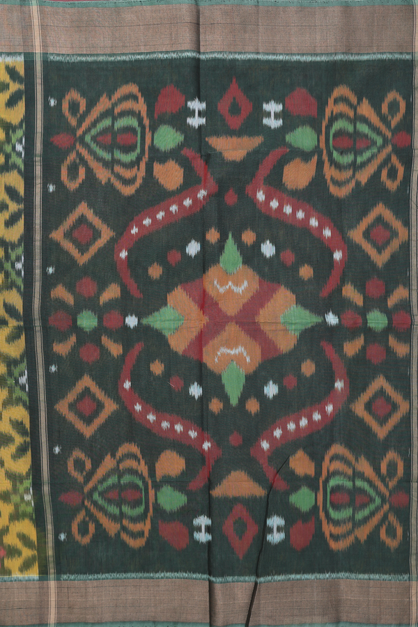 Kora Silk Cotton Saree In Yellow With Ikat Design