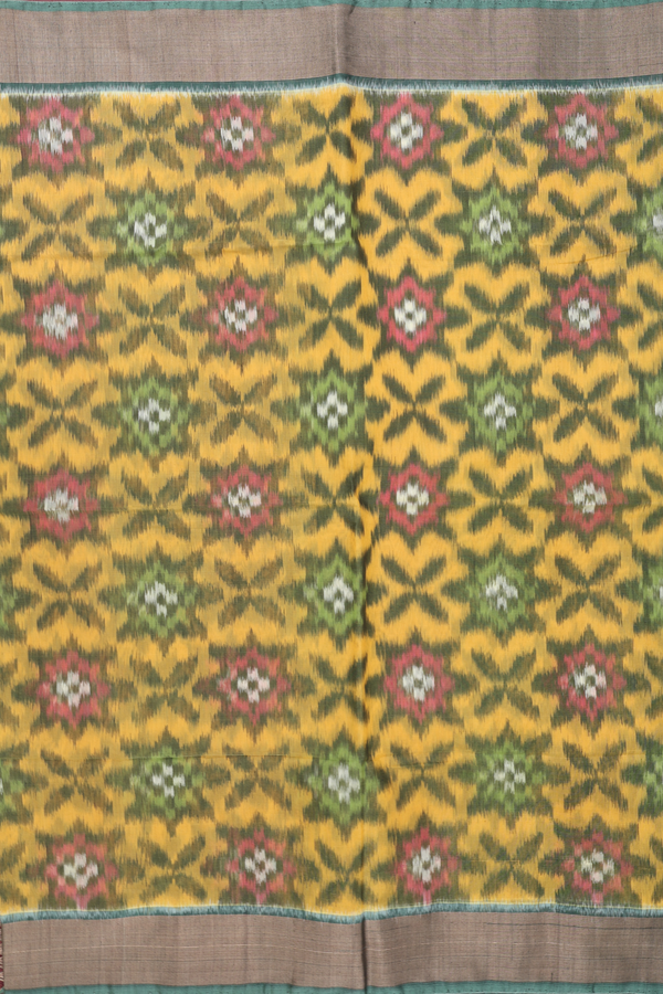 Kora Silk Cotton Saree In Yellow With Ikat Design