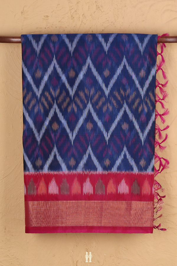 Kora Silk Cotton Saree In Royal Blue With Chevron Design