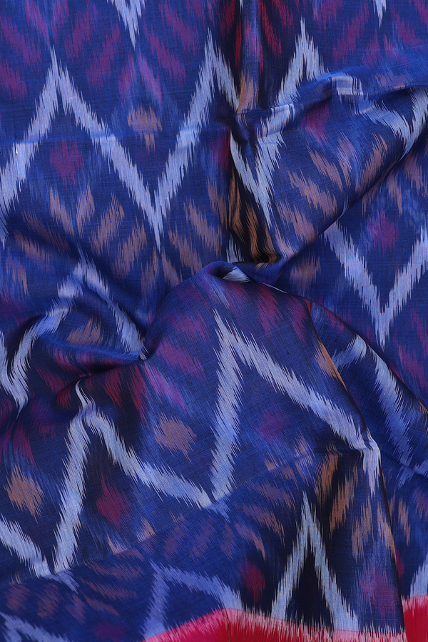 Kora Silk Cotton Saree In Royal Blue With Chevron Design