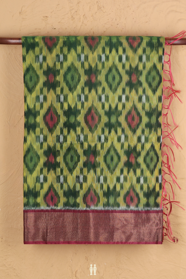 Kora Silk Cotton Saree In Green With Diamond Design
