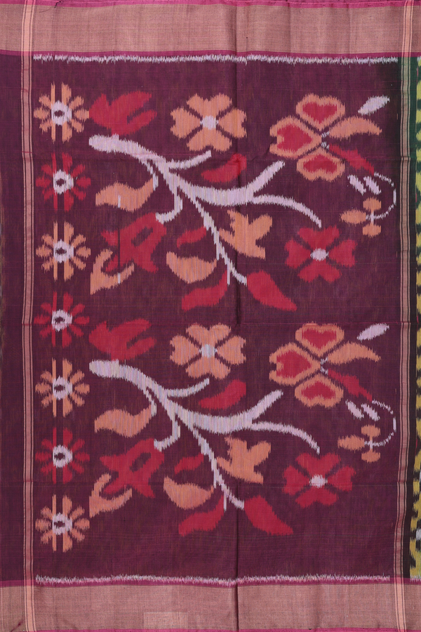 Kora Silk Cotton Saree In Green With Diamond Design