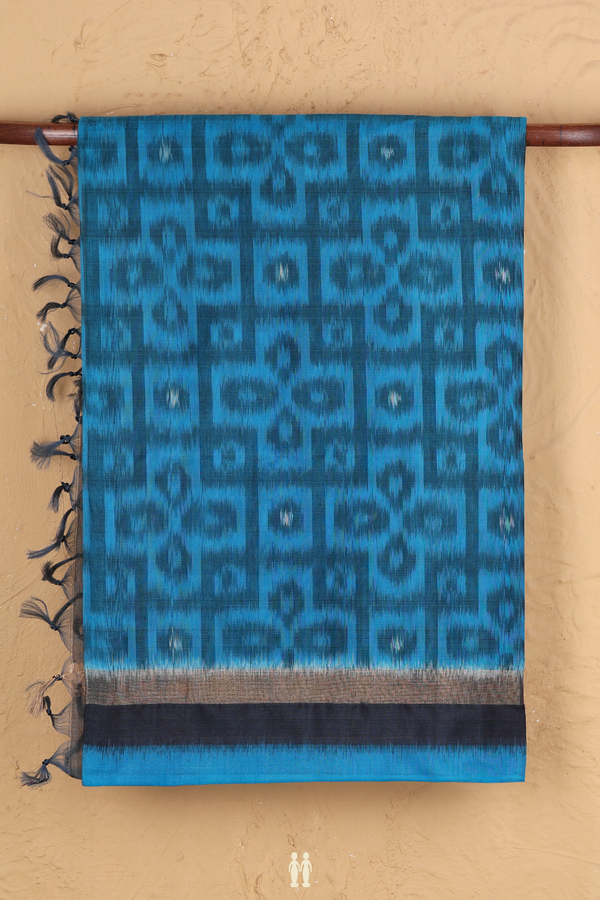 Kora Silk Cotton Saree In Cerulean Blue With Ikat Design
