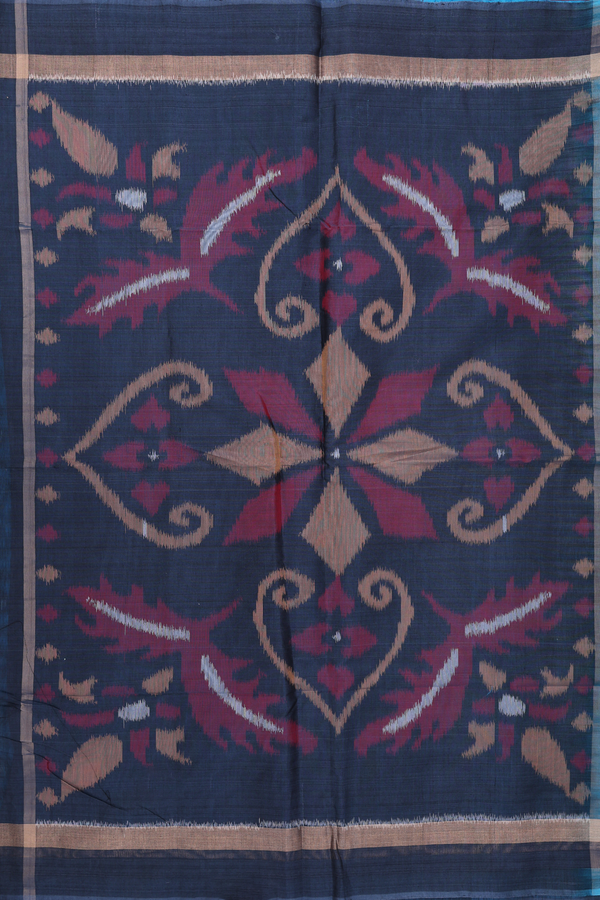 Kora Silk Cotton Saree In Cerulean Blue With Ikat Design