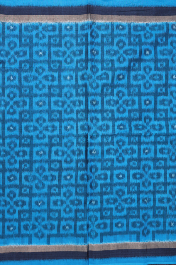 Kora Silk Cotton Saree In Cerulean Blue With Ikat Design