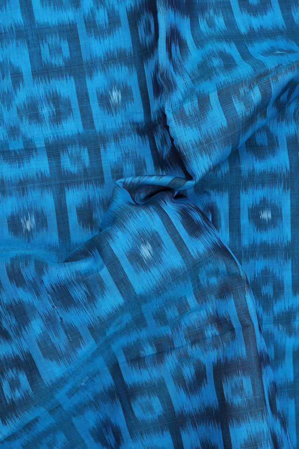 Kora Silk Cotton Saree In Cerulean Blue With Ikat Design