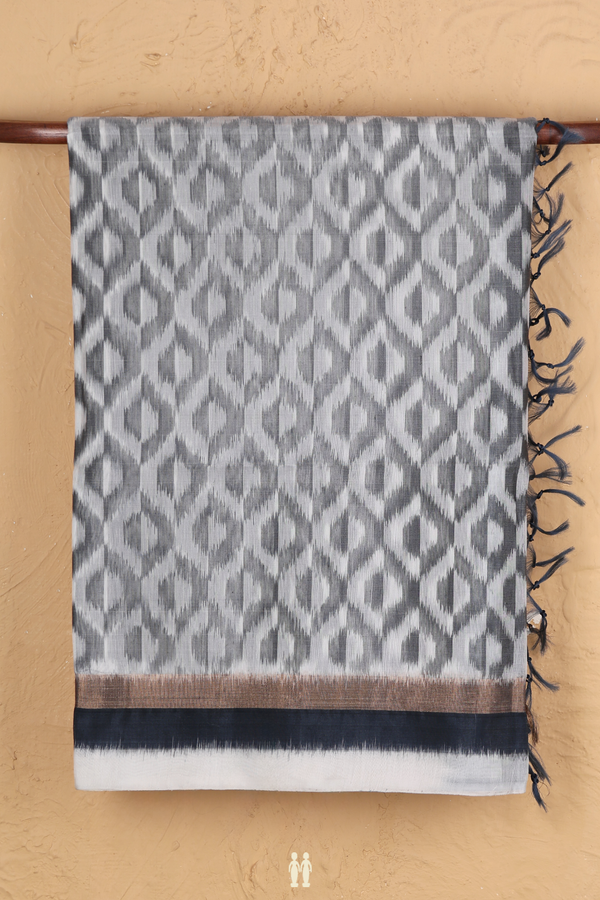 Kora Silk Cotton Saree In White And Grey With Ogee Design