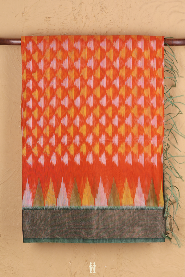 Kora Silk Cotton Saree In Royal Orange With Triangle Design