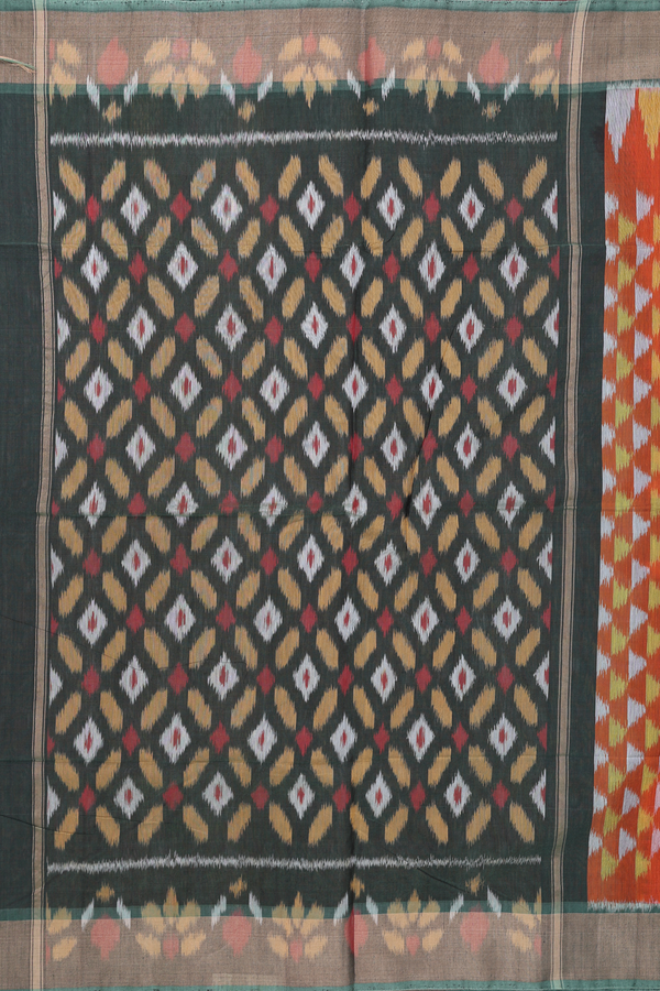 Kora Silk Cotton Saree In Royal Orange With Triangle Design