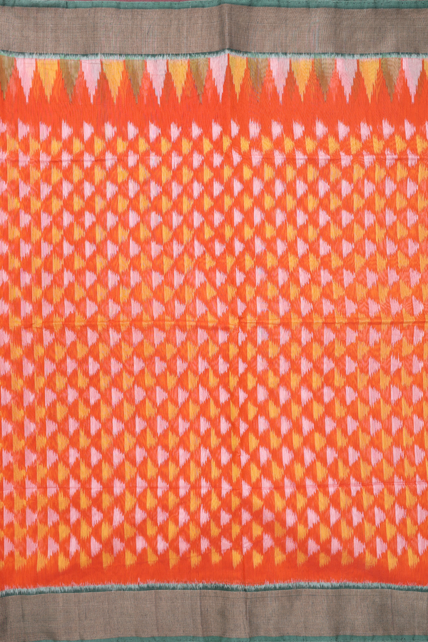 Kora Silk Cotton Saree In Royal Orange With Triangle Design