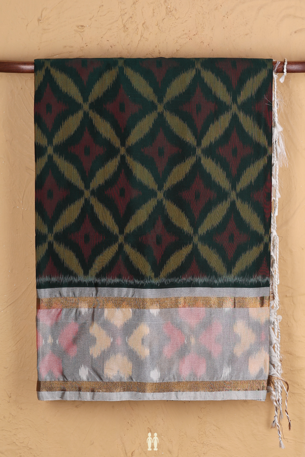 Kora Silk Cotton Saree In Dark Green With Allover Design
