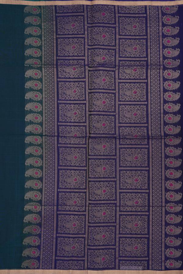 Kora Silk Cotton Saree In Midnight Green With Paisley Buttas