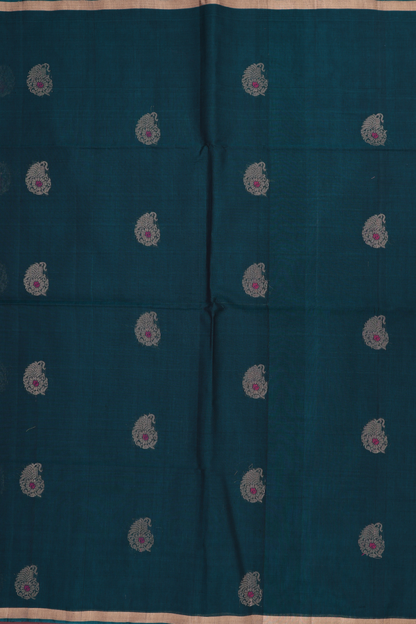 Kora Silk Cotton Saree In Midnight Green With Paisley Buttas