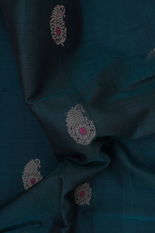 Kora Silk Cotton Saree In Midnight Green With Paisley Buttas