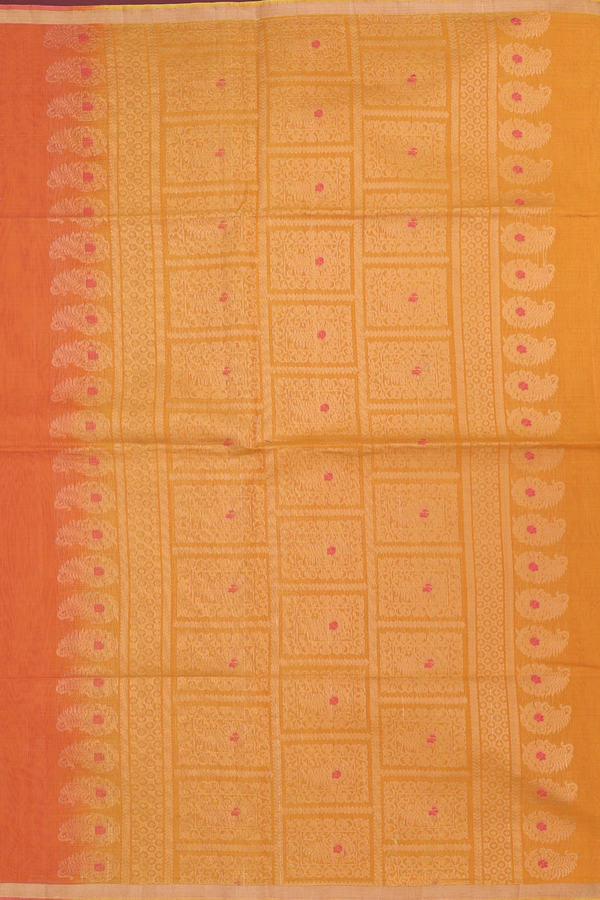 Kora Silk Cotton Saree In Orange With Paisley Motifs