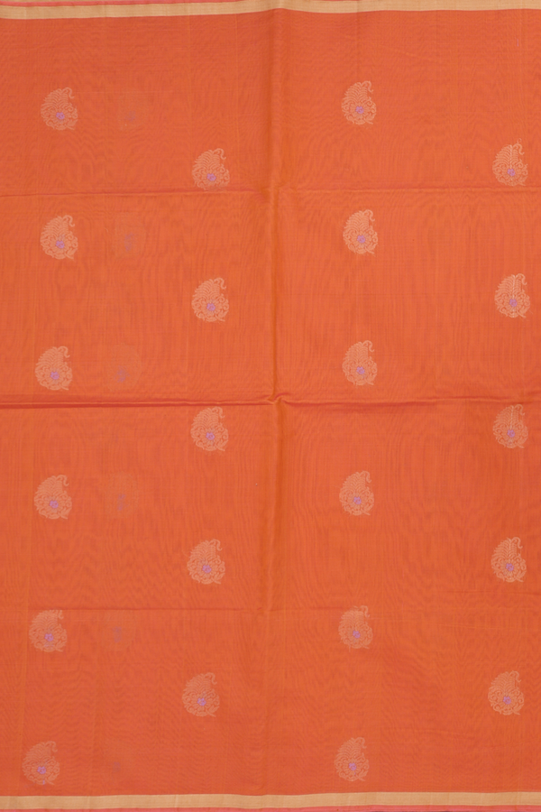 Kora Silk Cotton Saree In Orange With Paisley Motifs
