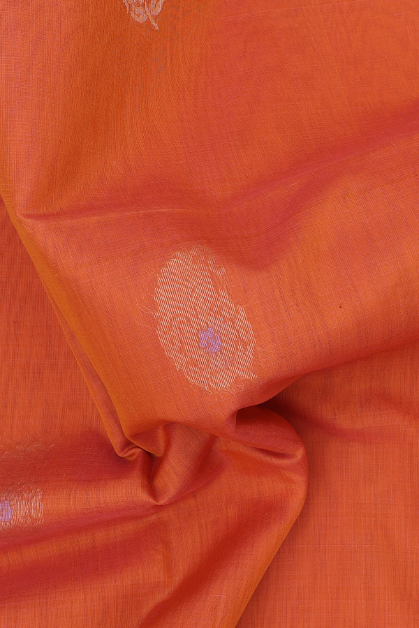 Kora Silk Cotton Saree In Orange With Paisley Motifs