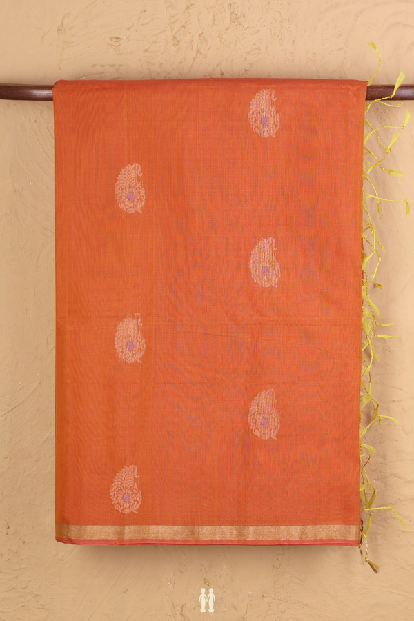 Kora Silk Cotton Saree In Orange With Paisley Motifs