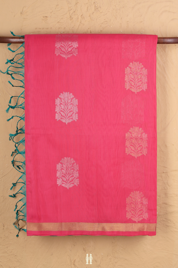 Kora Silk Cotton Saree In Pink With Floral Motifs