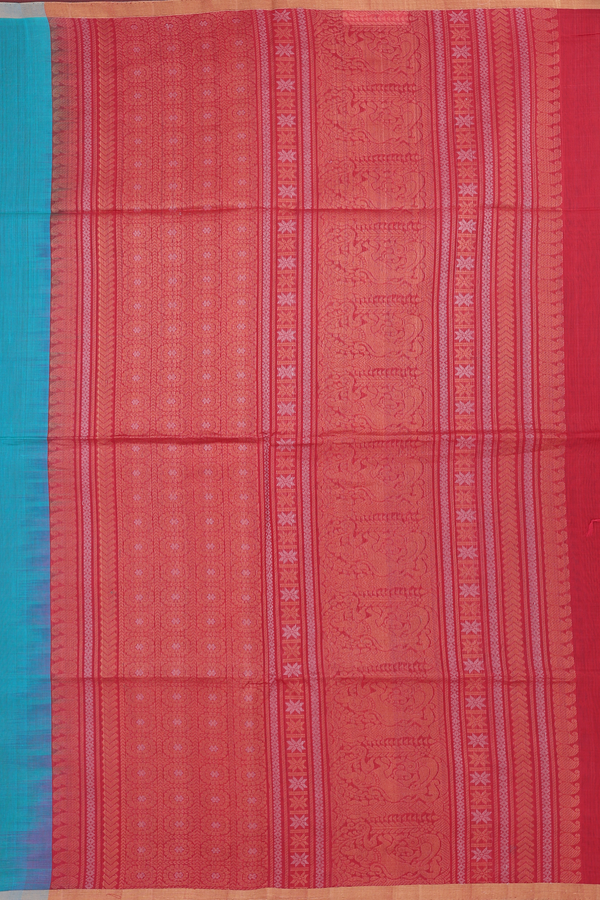 Kora Silk Cotton Saree In Green With Peacock Buttas