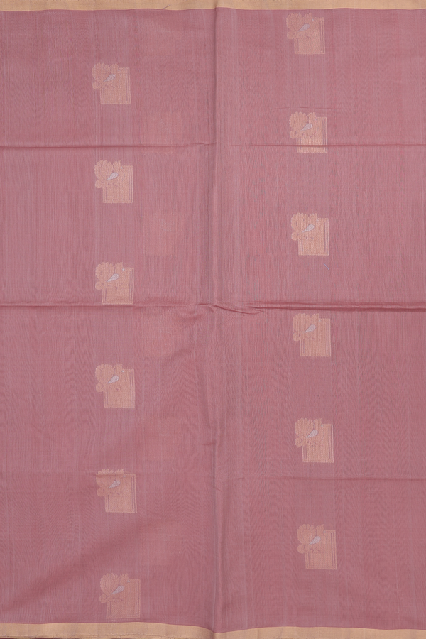 Kora Silk Cotton Saree In Rose Brown With Peacock Buttas