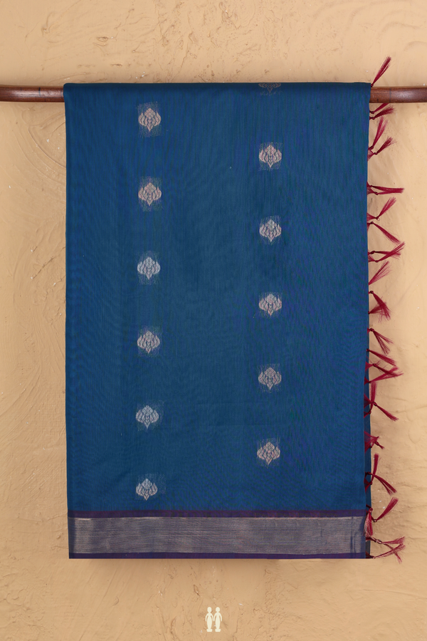 Kora Silk Cotton Saree In Prussian Blue With Zari Buttas