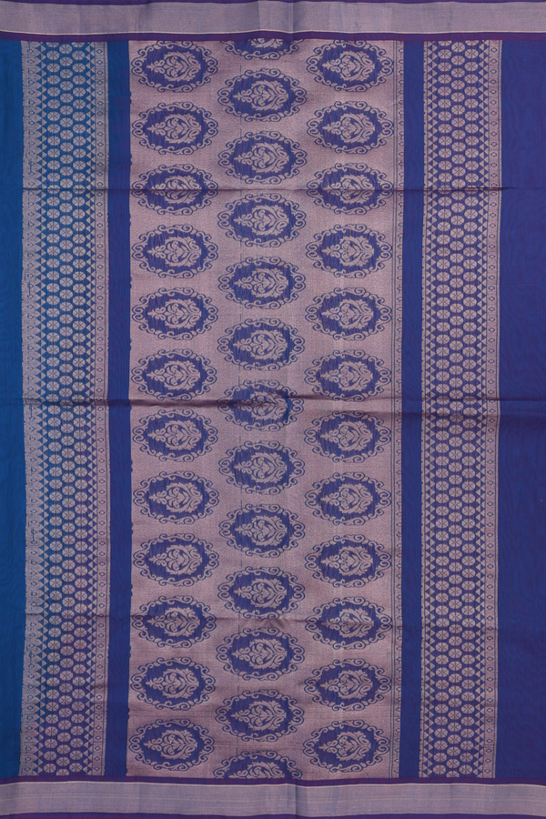 Kora Silk Cotton Saree In Prussian Blue With Zari Buttas