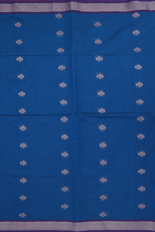 Kora Silk Cotton Saree In Prussian Blue With Zari Buttas