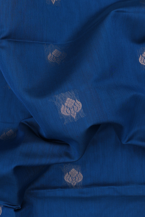 Kora Silk Cotton Saree In Prussian Blue With Zari Buttas