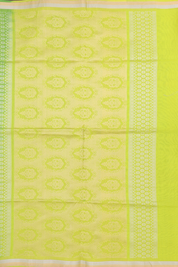 Kora Silk Cotton Saree In Parrot Green With Paisley Buttas
