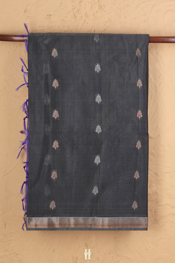 Kora Silk Cotton Saree In Charcoal Grey With Zari Buttas