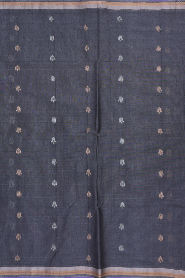Kora Silk Cotton Saree In Charcoal Grey With Zari Buttas