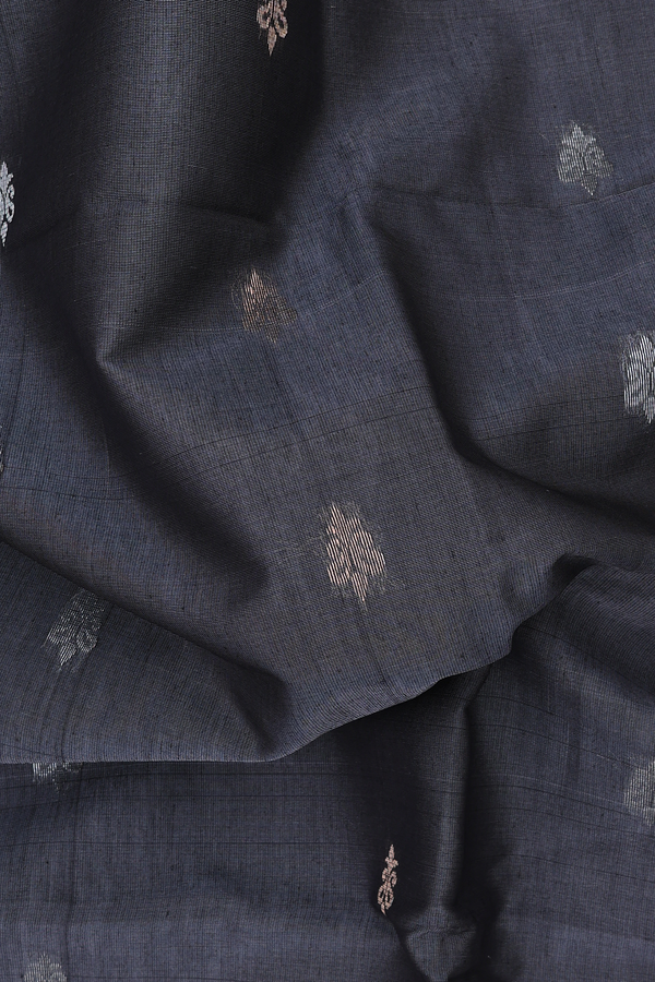 Kora Silk Cotton Saree In Charcoal Grey With Zari Buttas