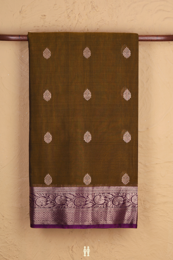 Kora Silk Cotton Saree In Brown With Zari Buttas