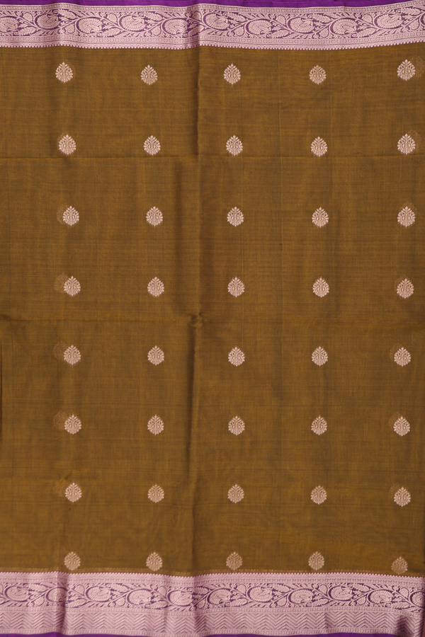Kora Silk Cotton Saree In Brown With Zari Buttas