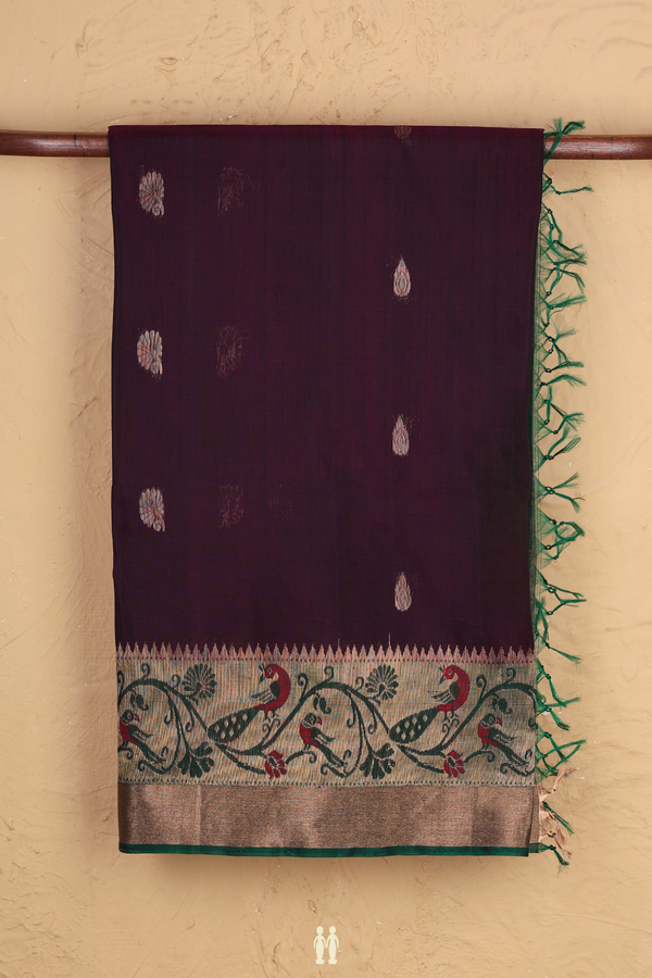 Kora Silk Cotton Saree In Purple With Zari Buttas