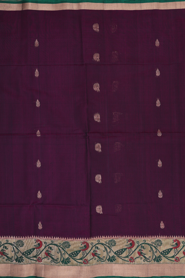 Kora Silk Cotton Saree In Purple With Zari Buttas