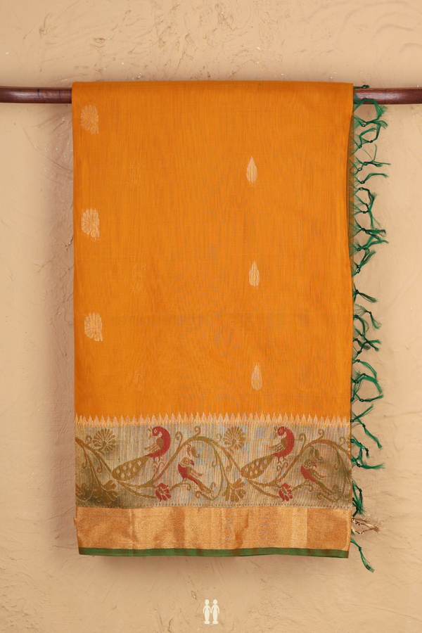 Kora Silk Cotton Saree In Yellow With Floral Buttas