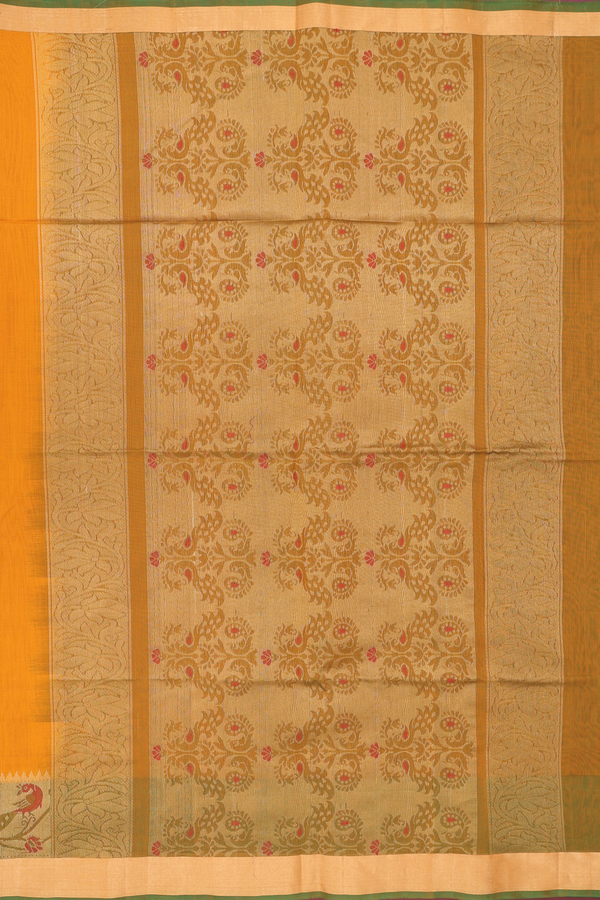 Kora Silk Cotton Saree In Yellow With Floral Buttas