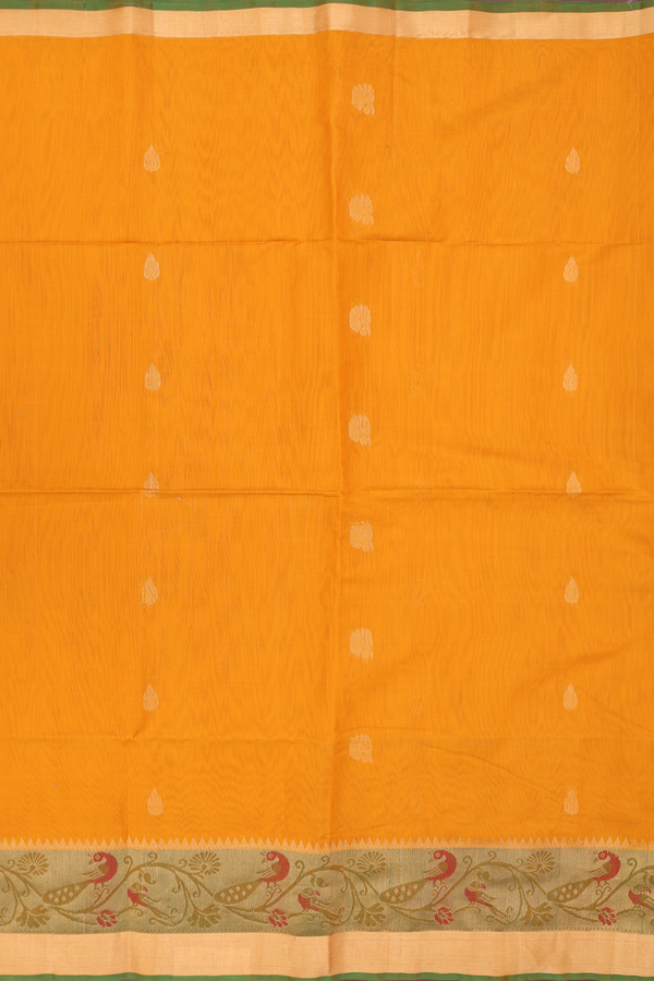Kora Silk Cotton Saree In Yellow With Floral Buttas