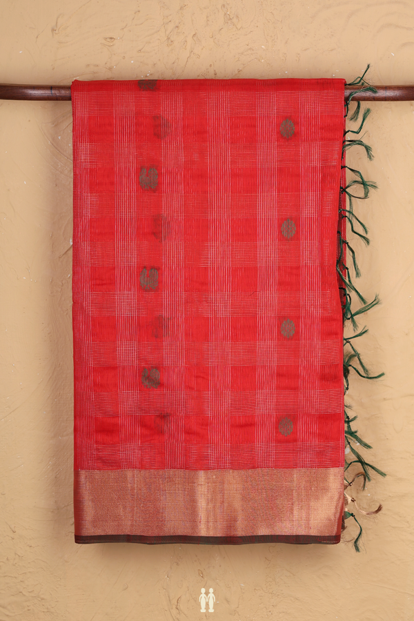 Kora Silk Cotton Saree In Red With Checks Design