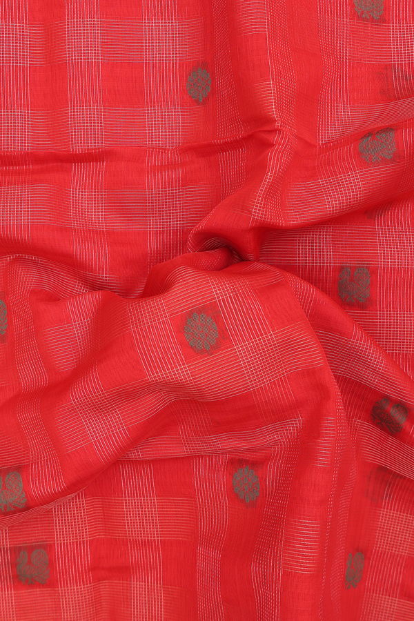 Kora Silk Cotton Saree In Red With Checks Design
