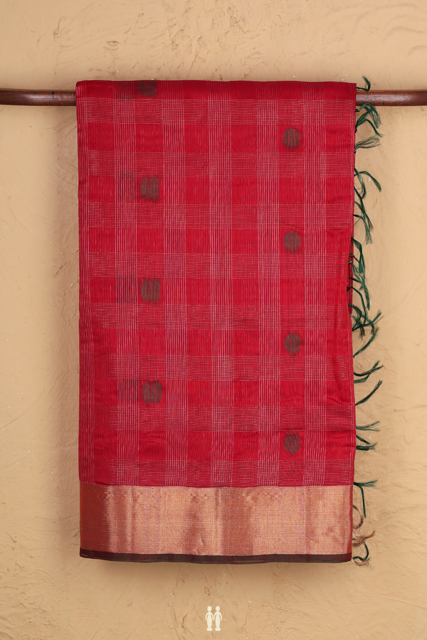 Kora Silk Cotton Saree In Red With Checks Design