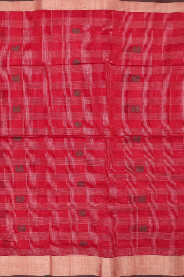 Kora Silk Cotton Saree In Red With Checks Design