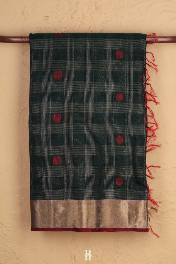 Kora Silk Cotton Saree In Green With Checks Design