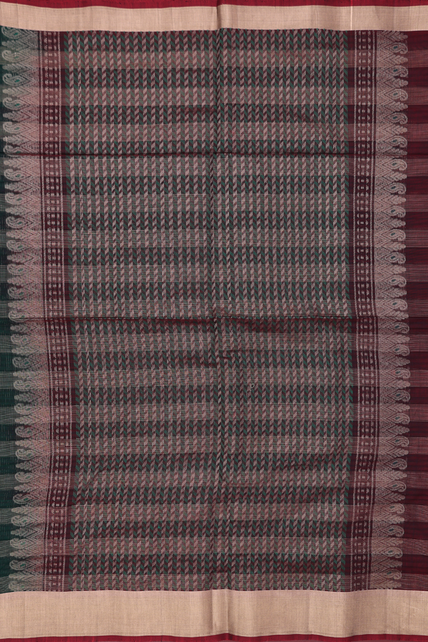 Kora Silk Cotton Saree In Green With Checks Design