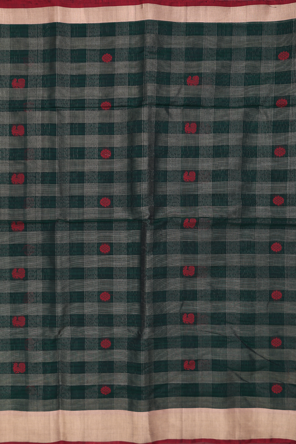 Kora Silk Cotton Saree In Green With Checks Design