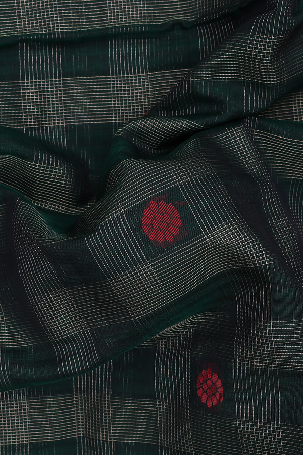 Kora Silk Cotton Saree In Green With Checks Design