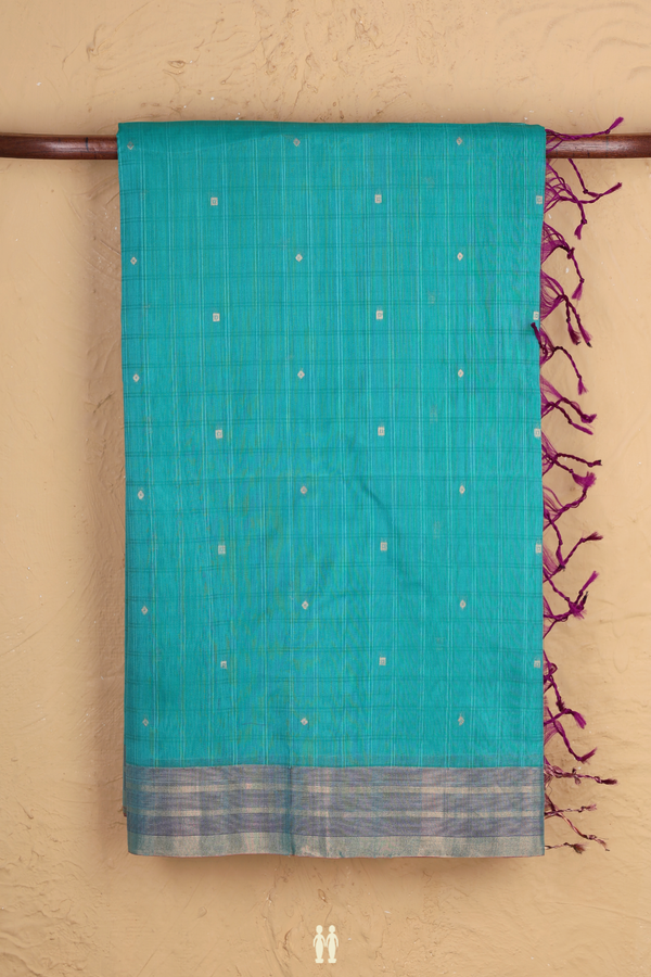 Kora Silk Cotton Saree In Green With Zari Buttis