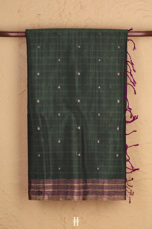 Kora Silk Cotton Saree In Green With Zari Buttis